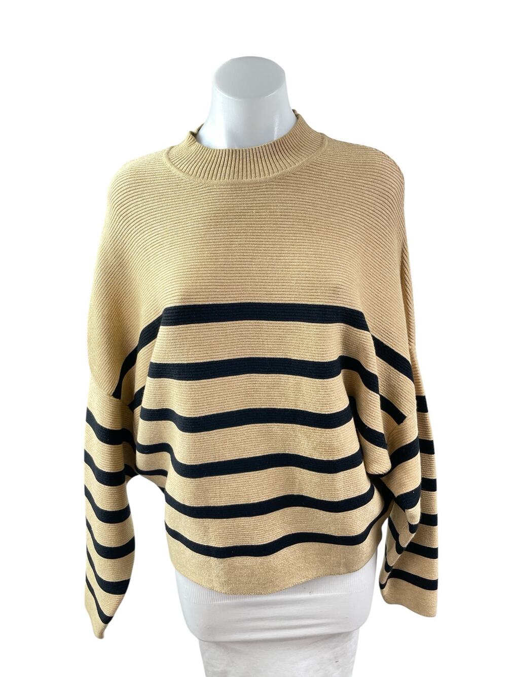 Zesica Women's Beige Tan Striped Mock Neck Knit Long Dolman Sleeve Sweater Top M